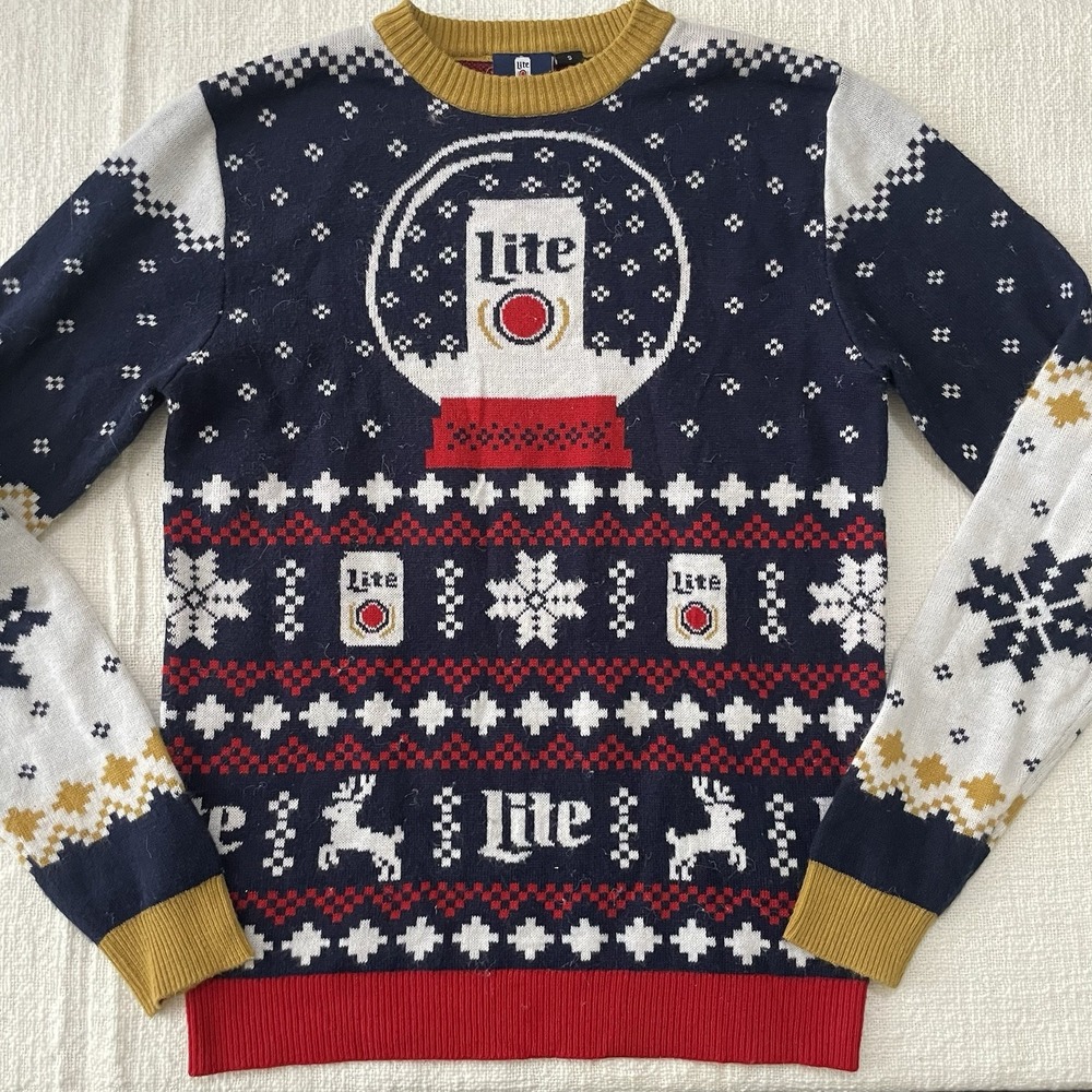 Miller Lite Beer Ugly Christmas Sweater Men's Small Reindeer Sleigh Snowflakes‎
